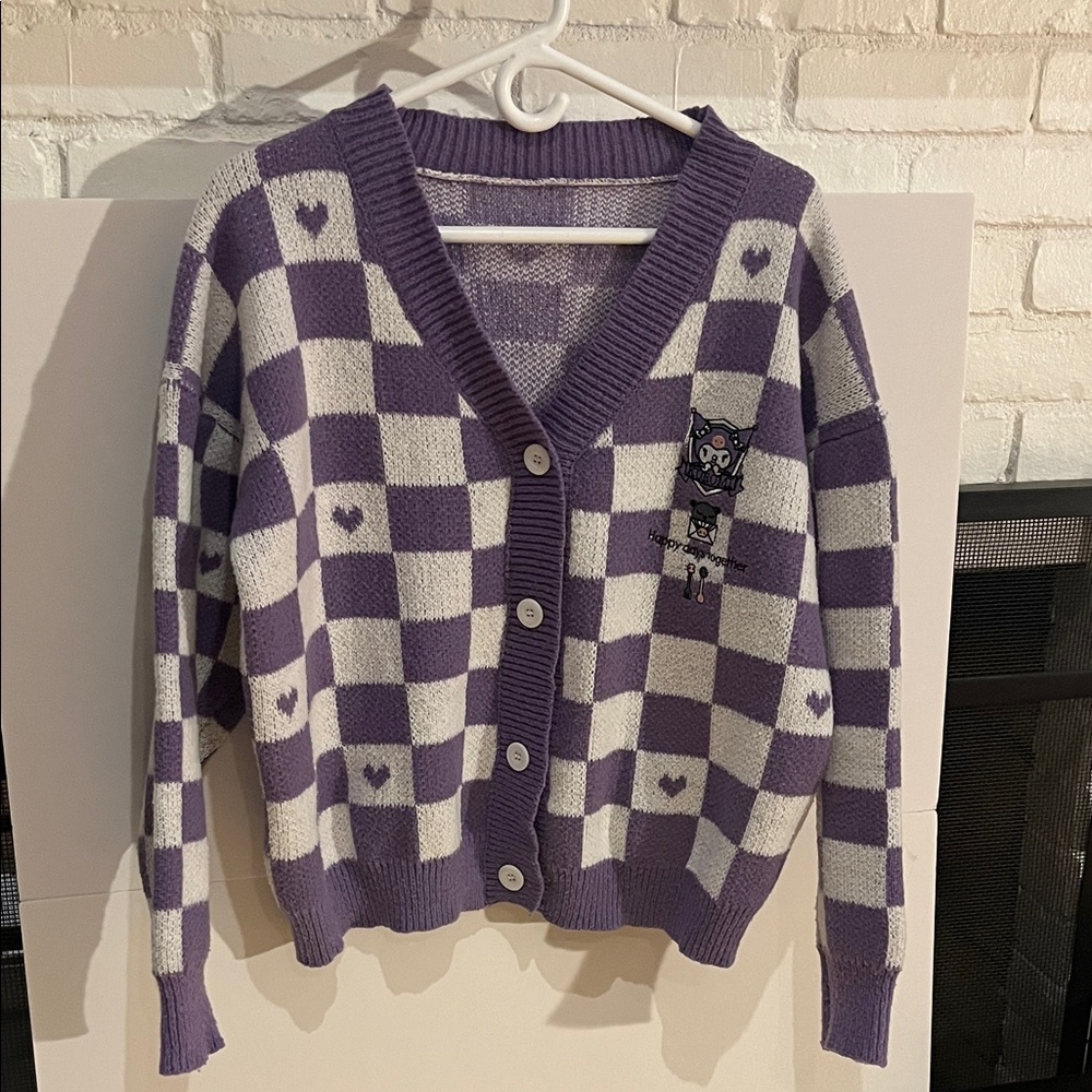 Kuromi Purple and White Checkered Women's Cardigan Sweater